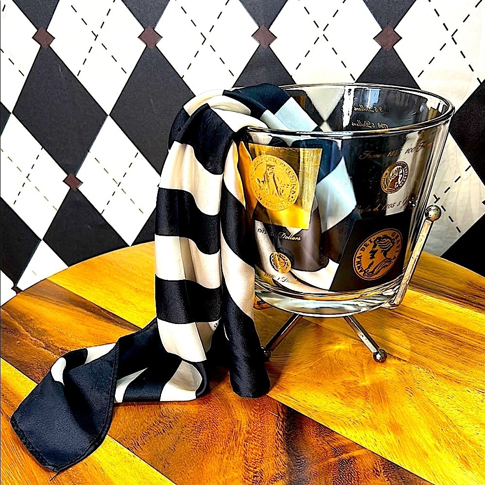 Vintage MCM Cera Glass Ice Bucket with Stand– Gold/Black Coin Design‎